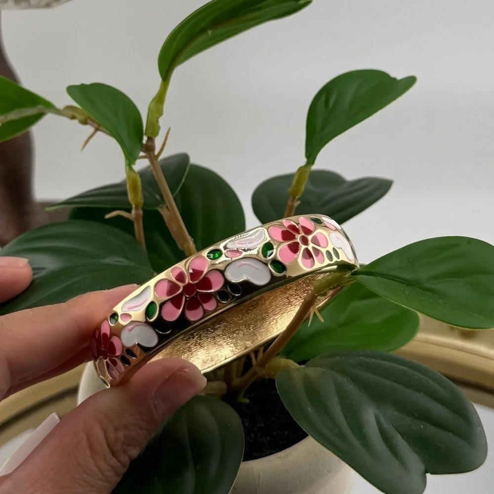 Hand Painted Floral Enamel Bangle with Gold Accents
